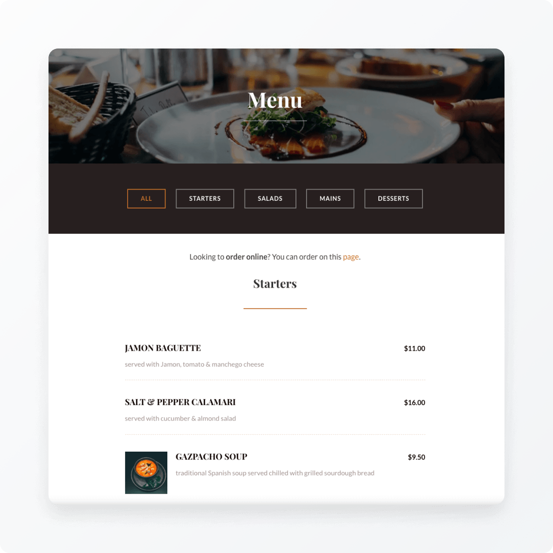 Restaurant menu page