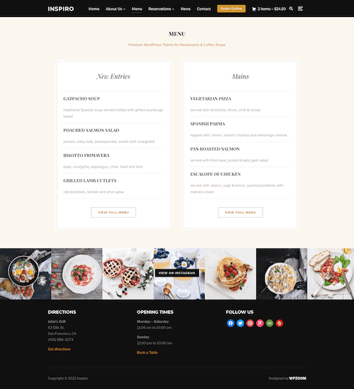 Food Menu page