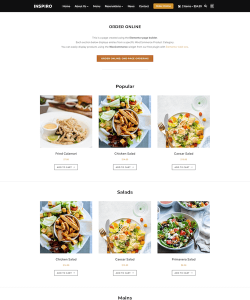 Order Online (WooCommerce) page