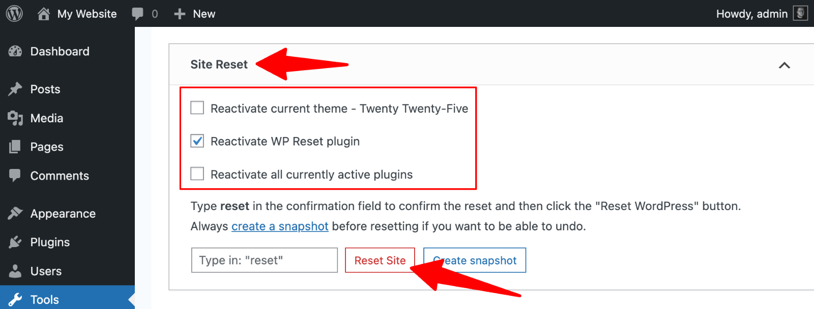 WP Reset > Site reset